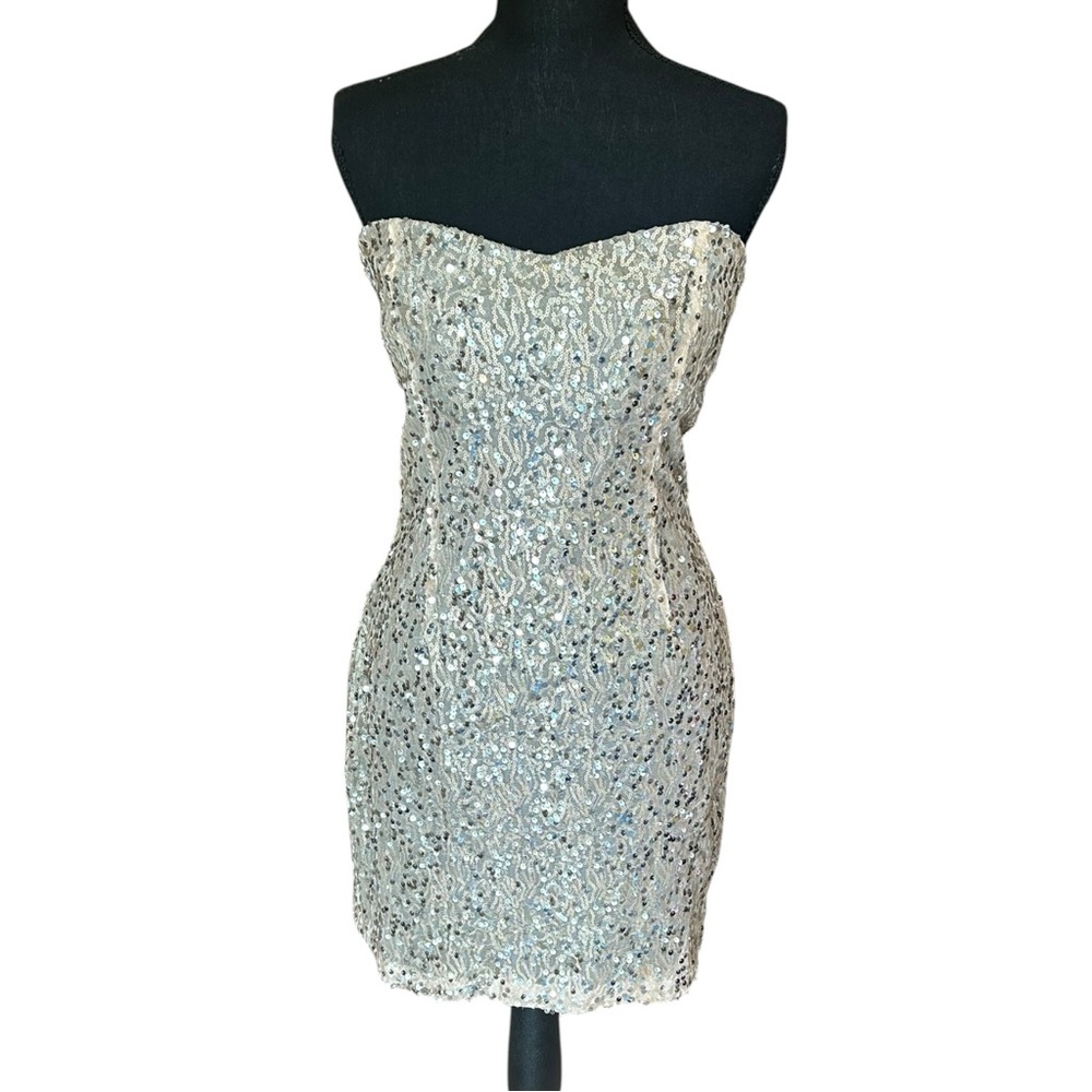 Vintage Trixxi Sequin Strapless Mini Dress Champagne Gold Size 9 Y2K Party